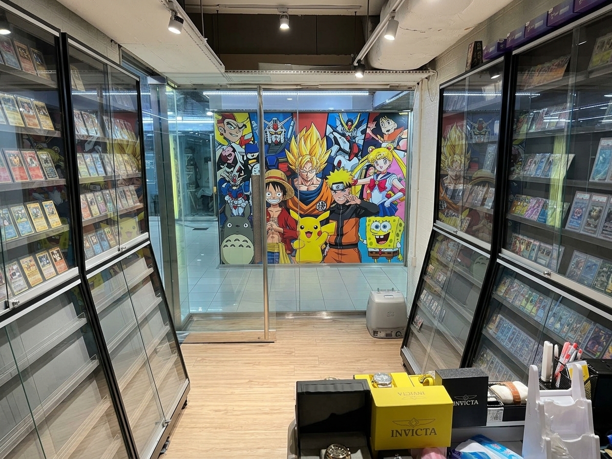 Meilok Global 店內收藏卡展示櫃及動漫角色牆
